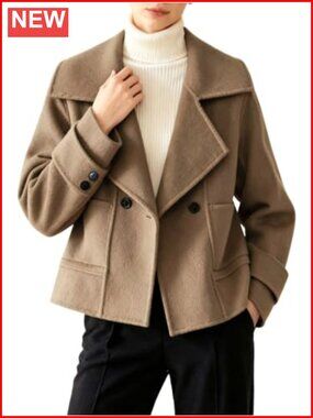 Women's Cropped Wool Blend Pea Coat Notch Lapel